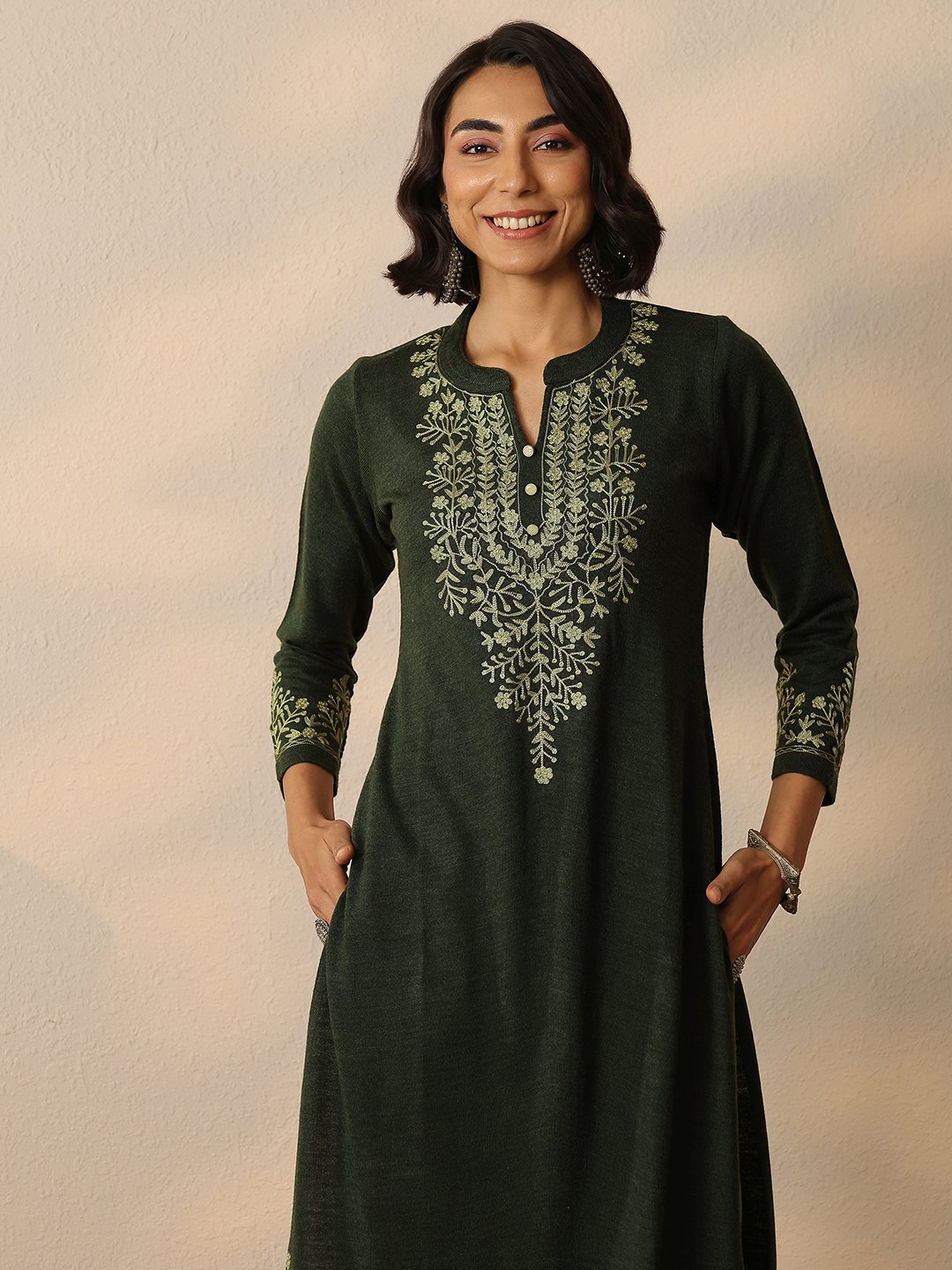 Olive Embroidered Wool Straight Kurta