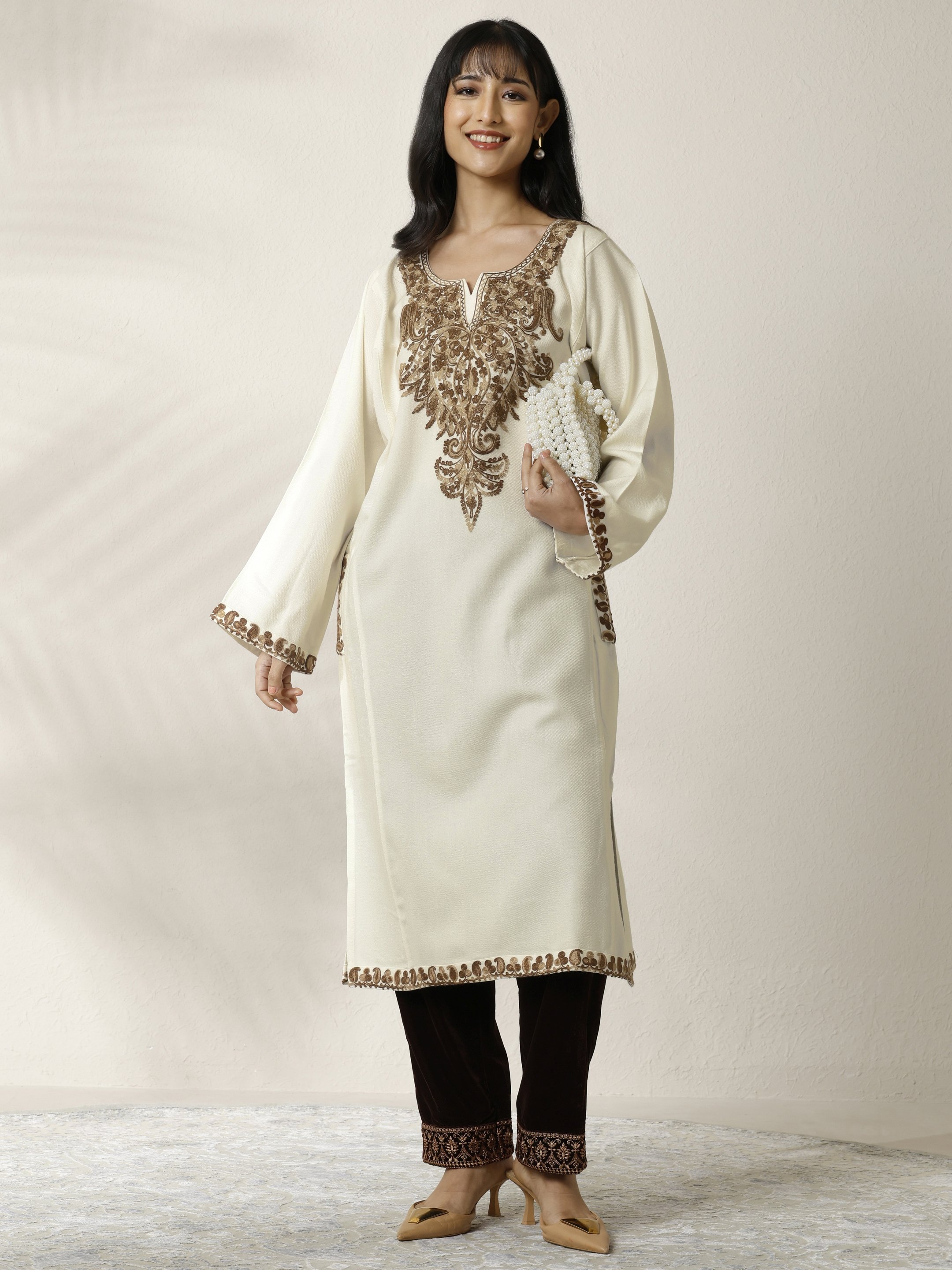 White Embroidered Wool Straight  Kurta