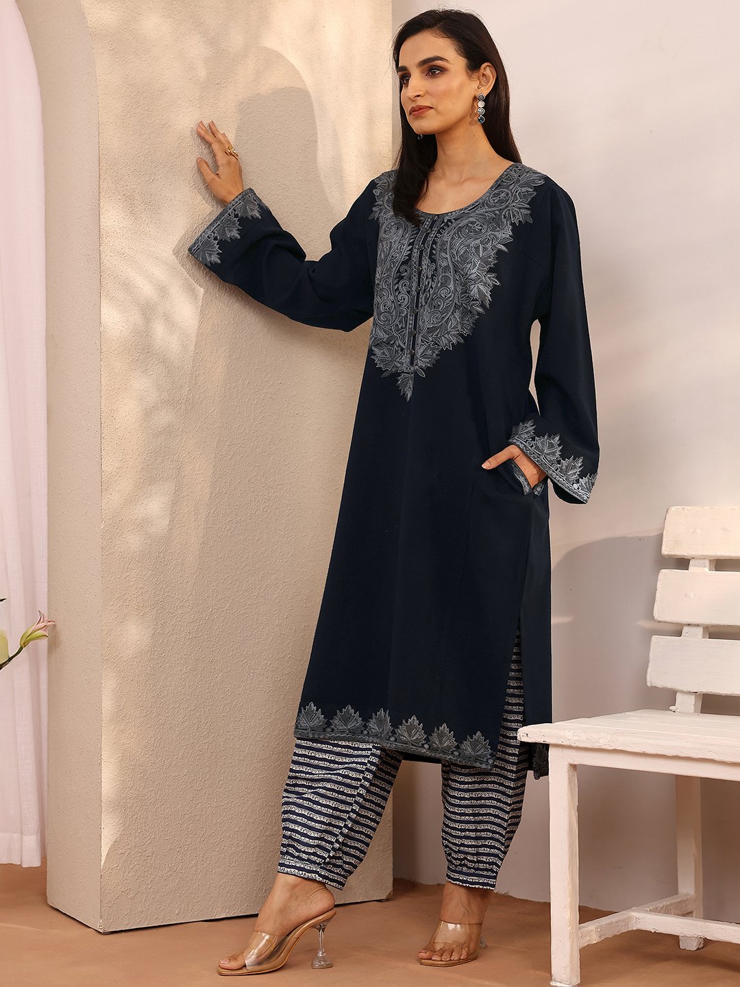 Navy Blue Embroidered Wool Straight Kurta