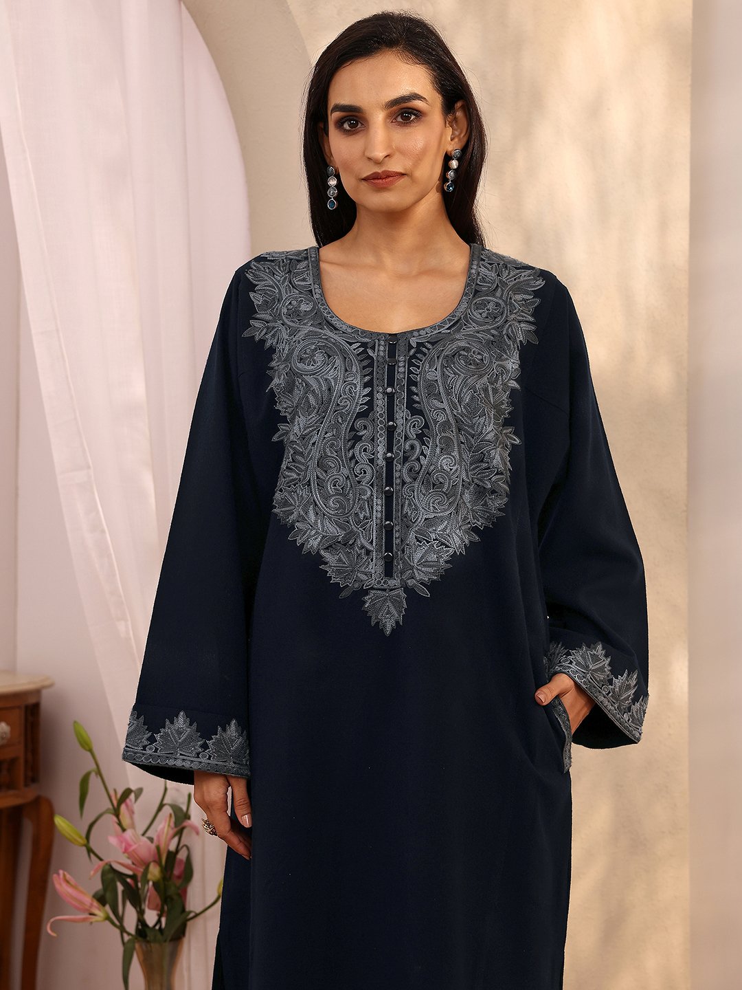 Navy Blue Embroidered Wool Straight Kurta