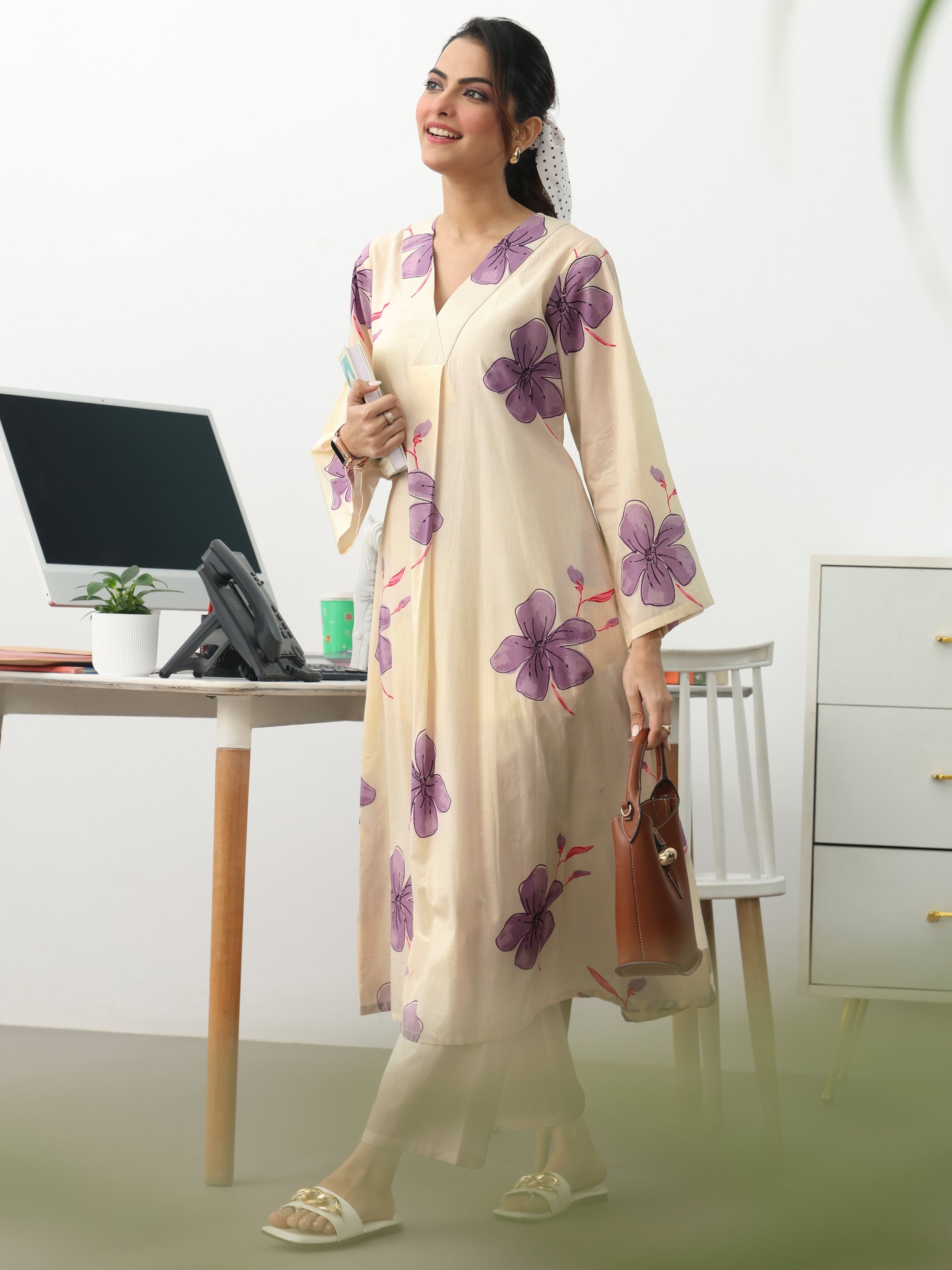 Off White Printed Cotton Blend A-Line Kurta