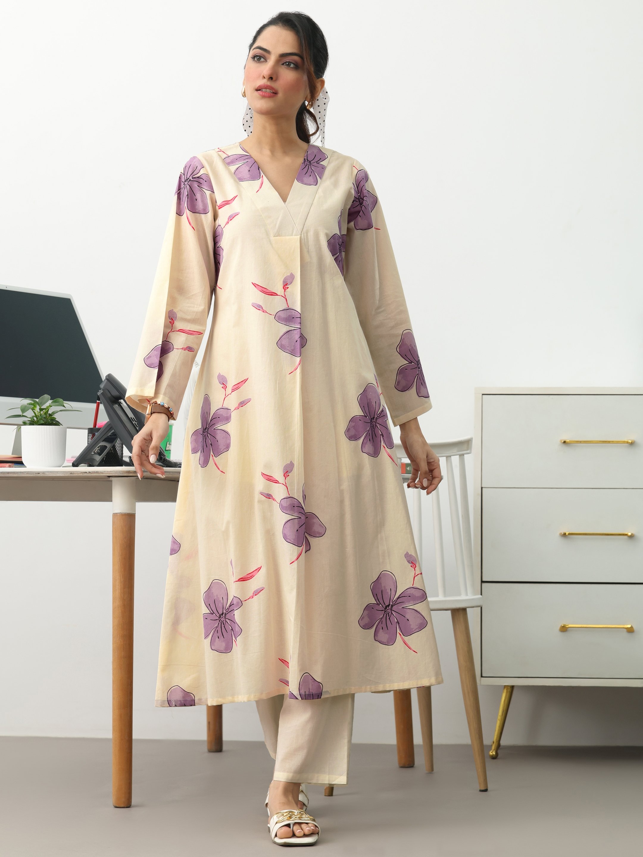 Off White Printed Cotton Blend A-Line Kurta