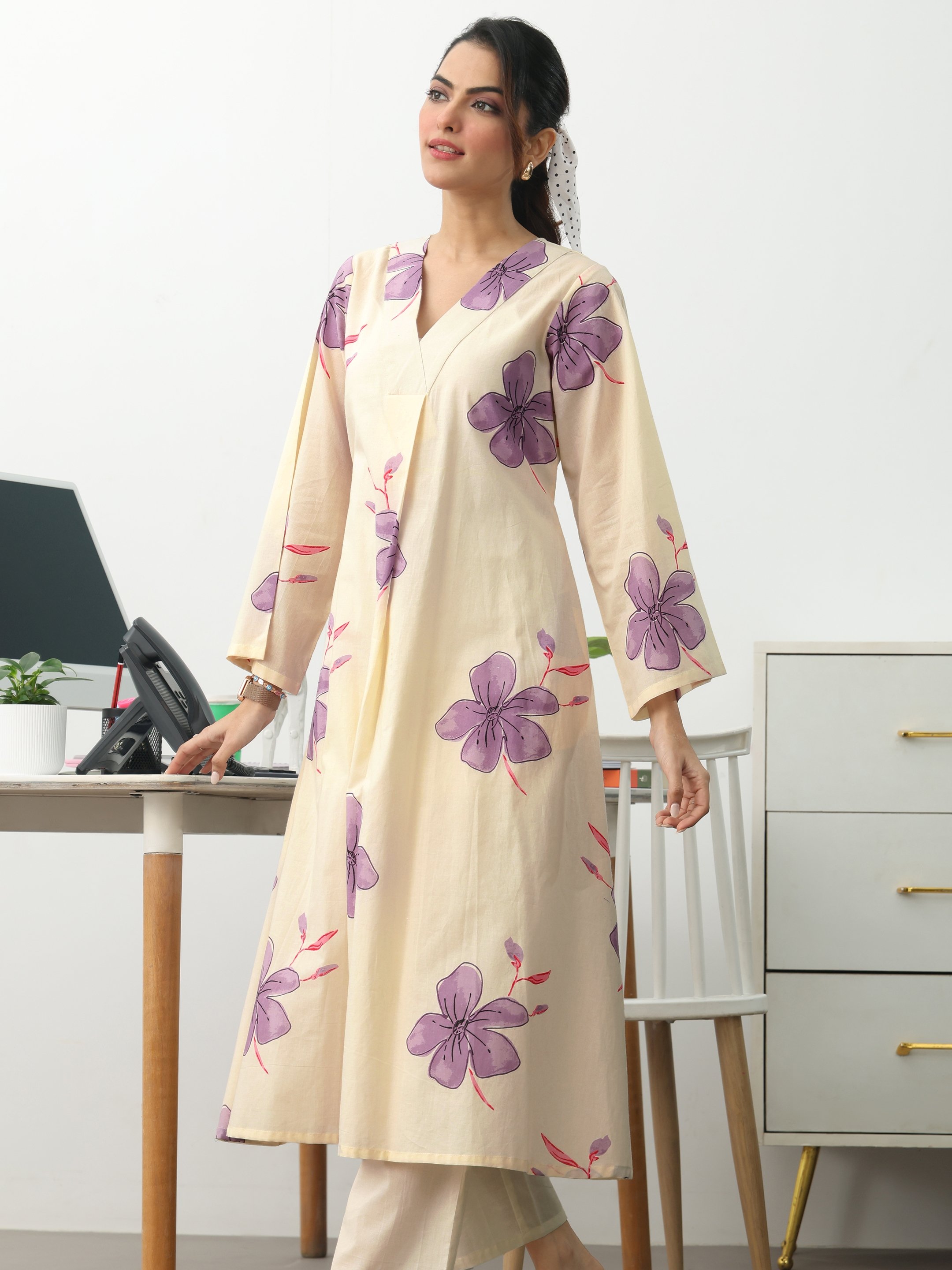 Off White Printed Cotton Blend A-Line Kurta