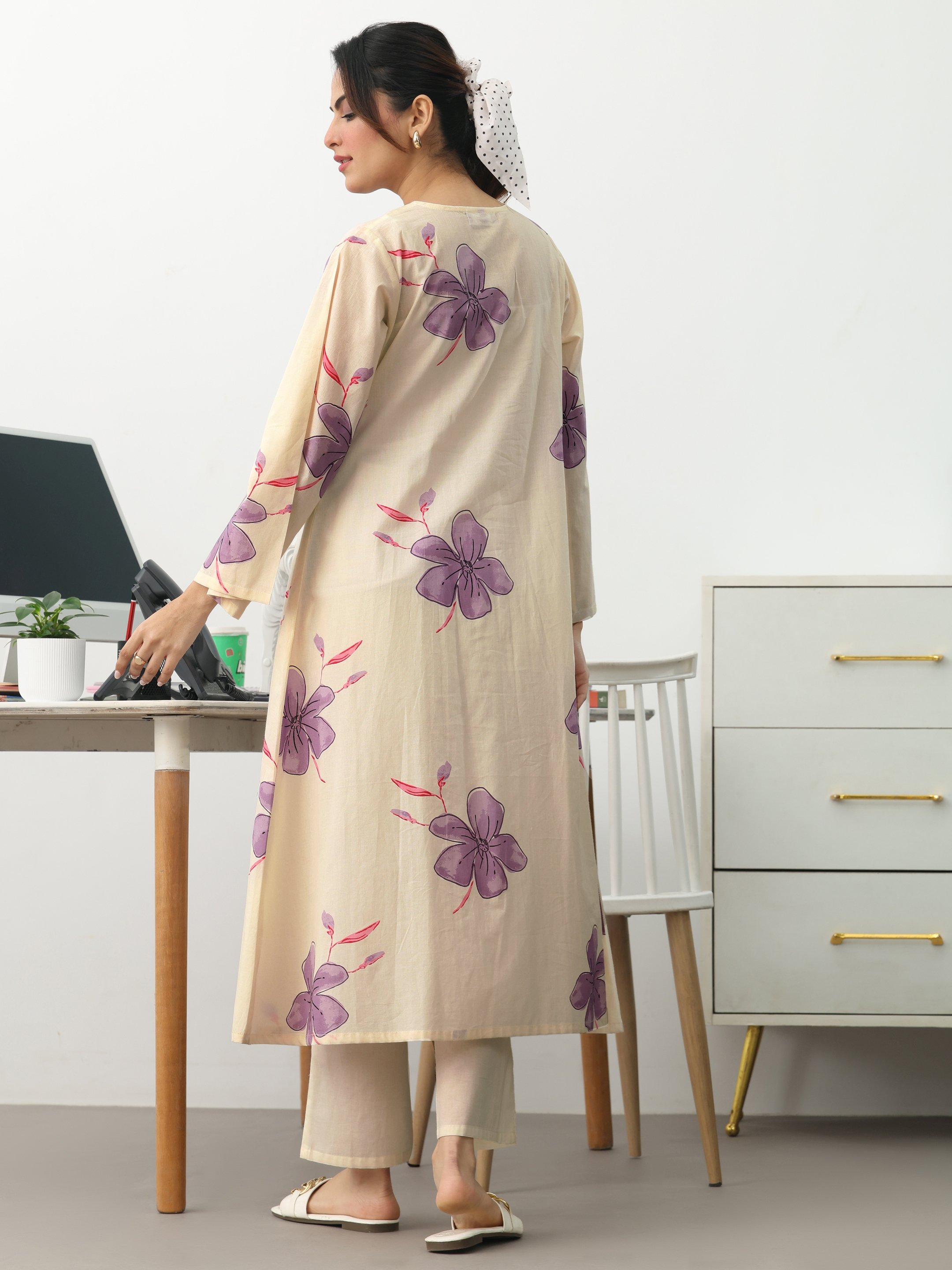 Off White Printed Cotton Blend A-Line Kurta