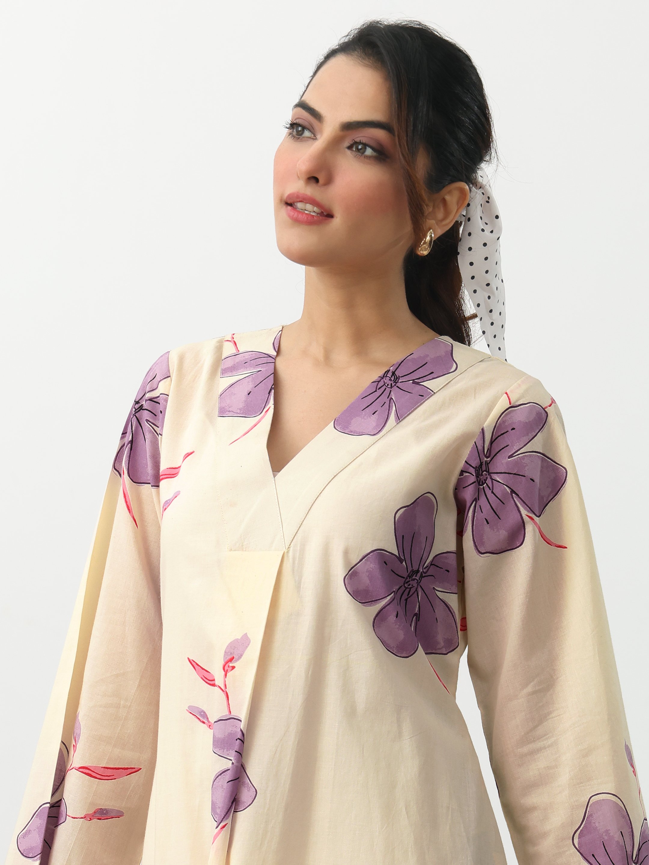 Off White Printed Cotton Blend A-Line Kurta