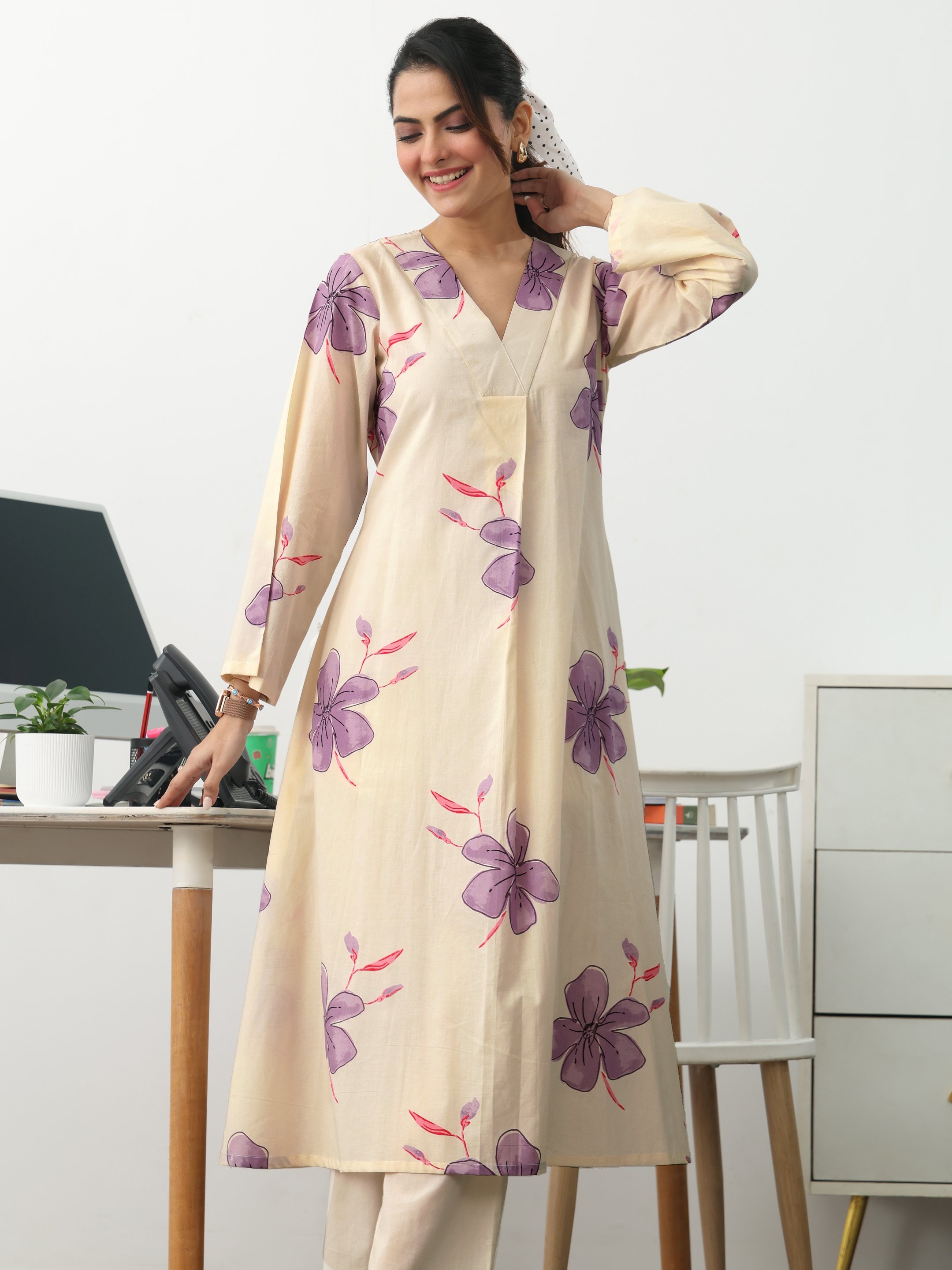 Off White Printed Cotton Blend A-Line Kurta