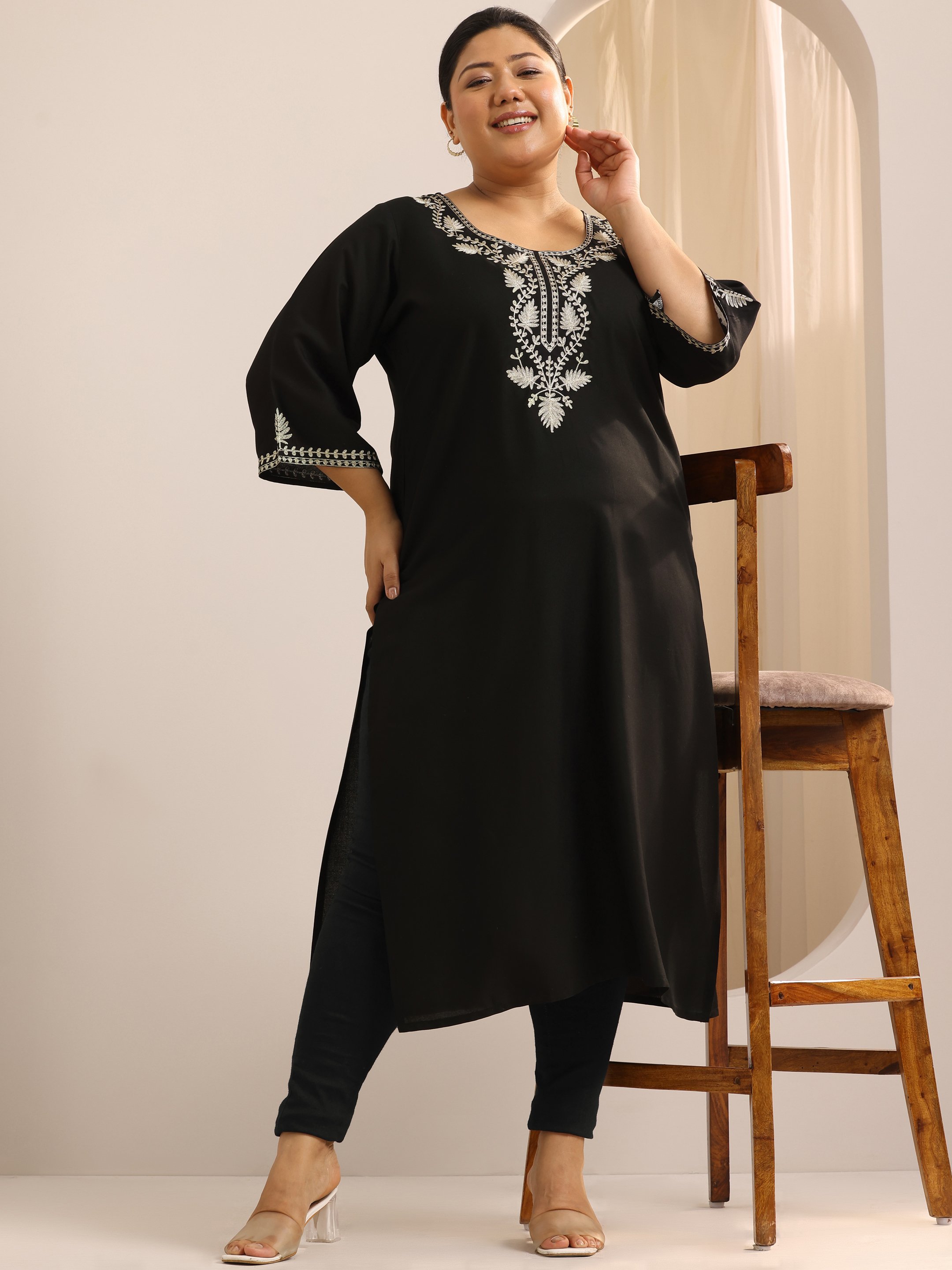 Plus Size Black Embroidered Rayon Straight Kurta