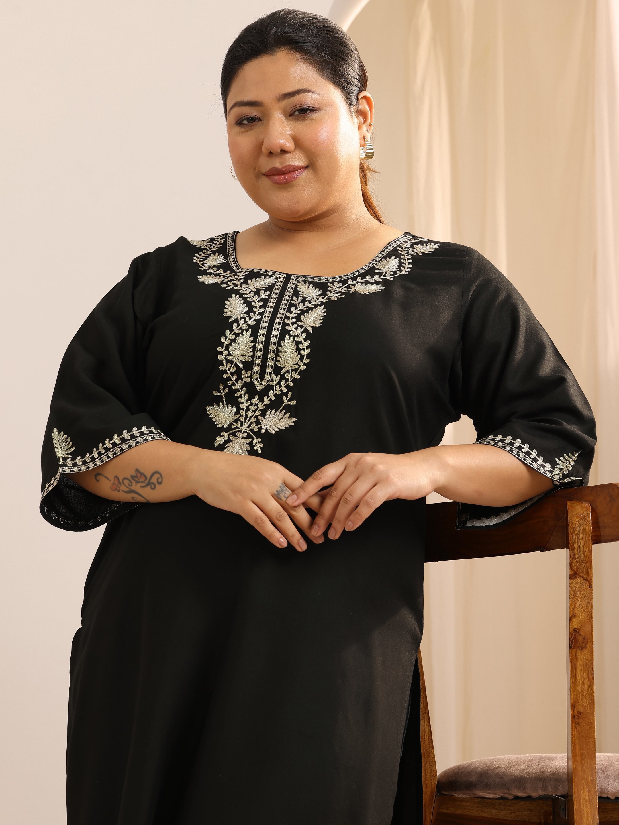 Plus Size Black Embroidered Rayon Straight Kurta