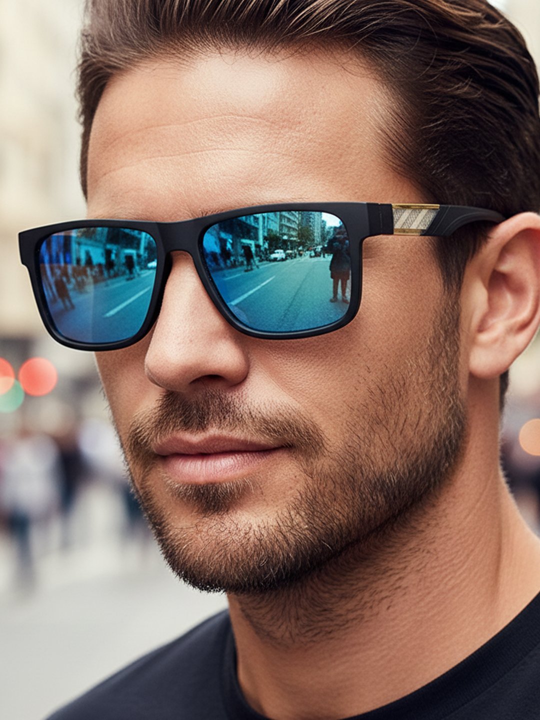 Men Blue Mirrored Flat Top Square Sunglasses