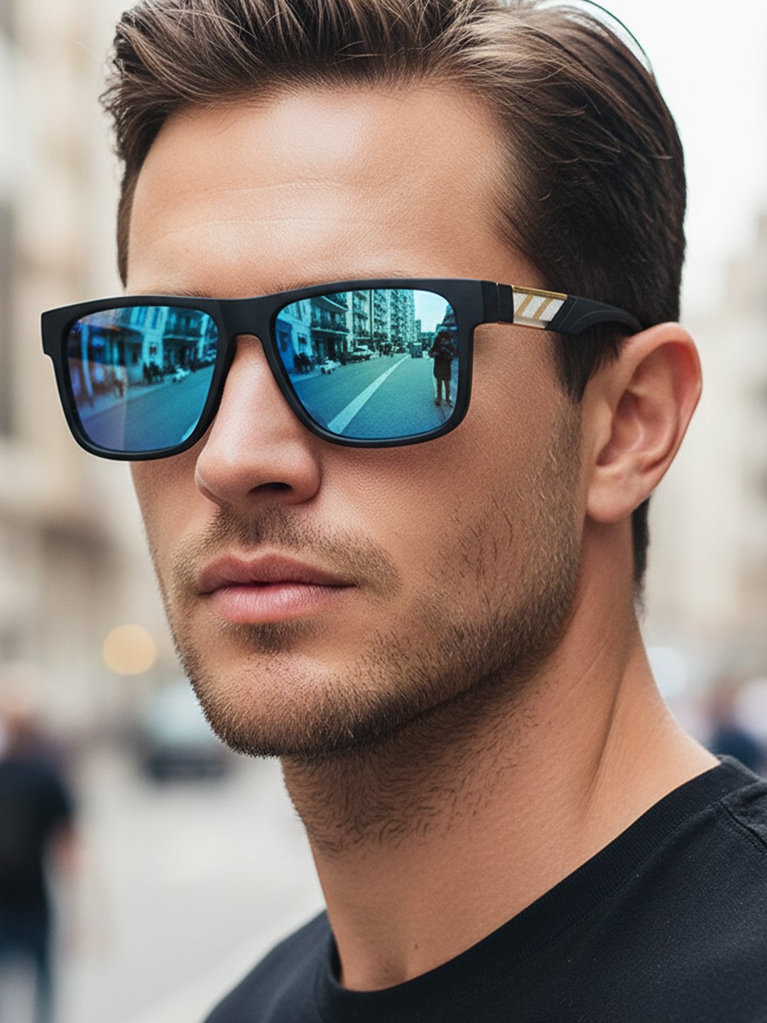 Men Blue Mirrored Flat Top Square Sunglasses