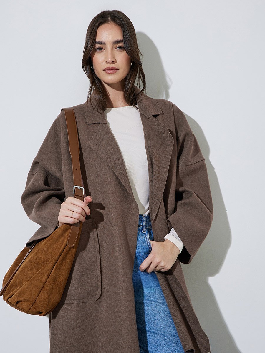 Brown Notch Lapel Button-Up Coat