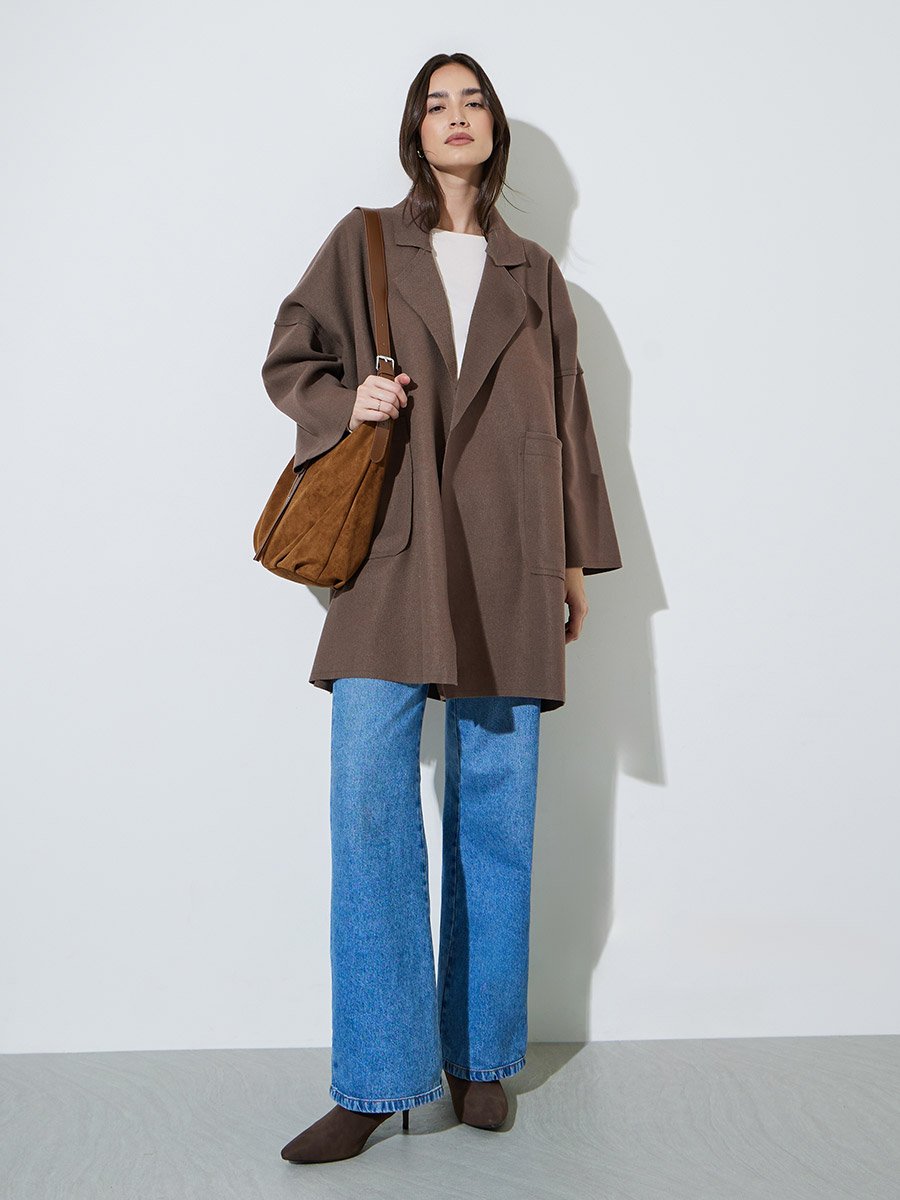 Brown Notch Lapel Button-Up Coat