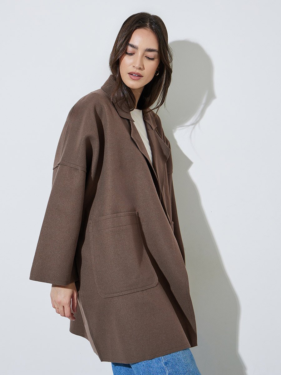 Brown Notch Lapel Button-Up Coat
