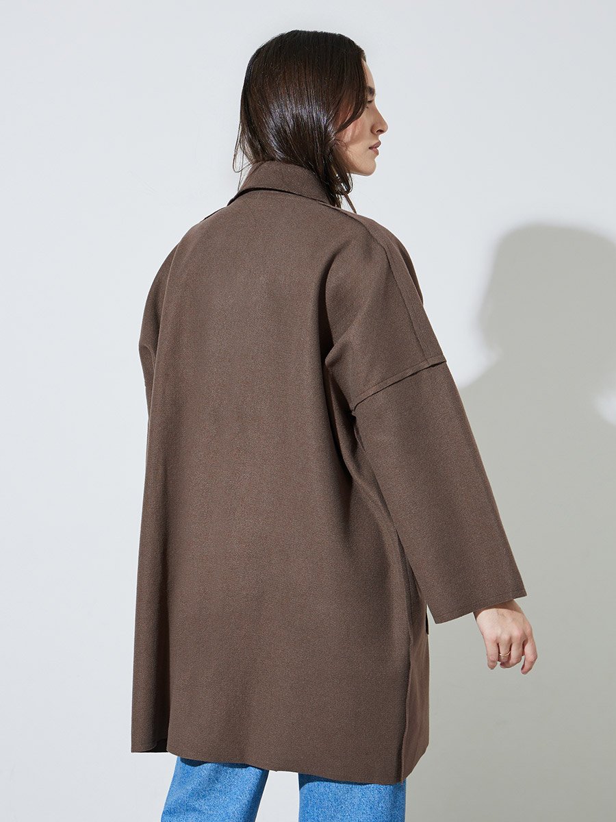 Brown Notch Lapel Button-Up Coat