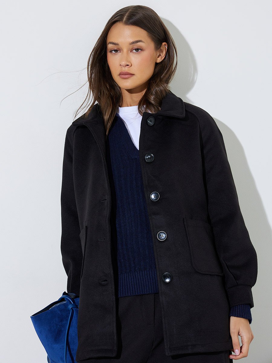Black Solid Button-Front Regular Fir Coat