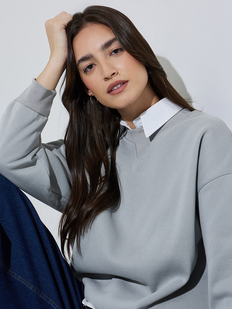Grey Solid Long Sleeves Oversized Sweatshirt