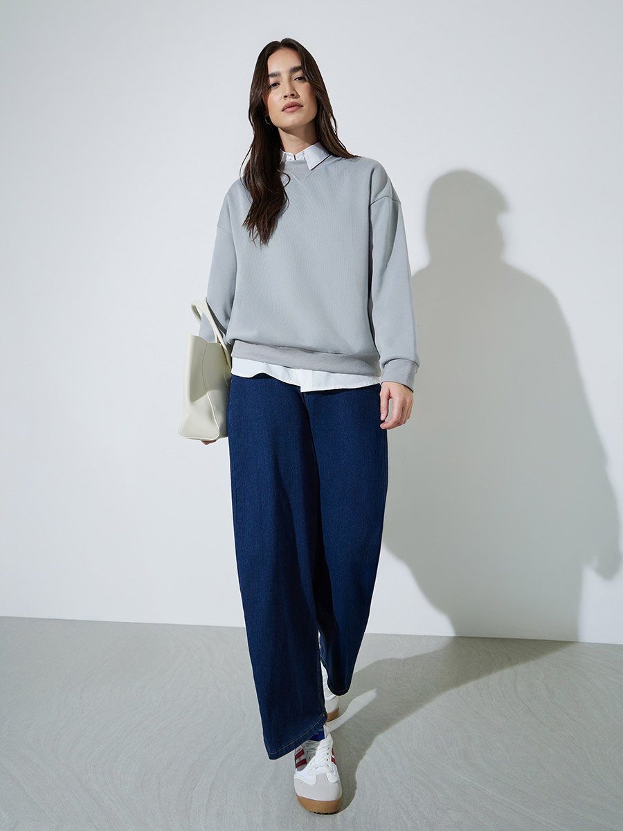 Grey Solid Long Sleeves Oversized Sweatshirt