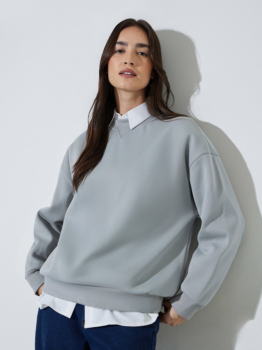 Grey Solid Long Sleeves Oversized Sweatshirt