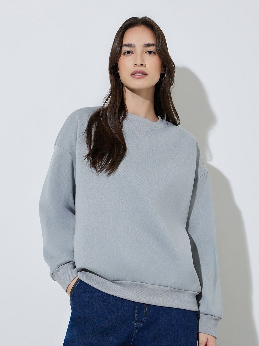 Grey Solid Long Sleeves Oversized Sweatshirt