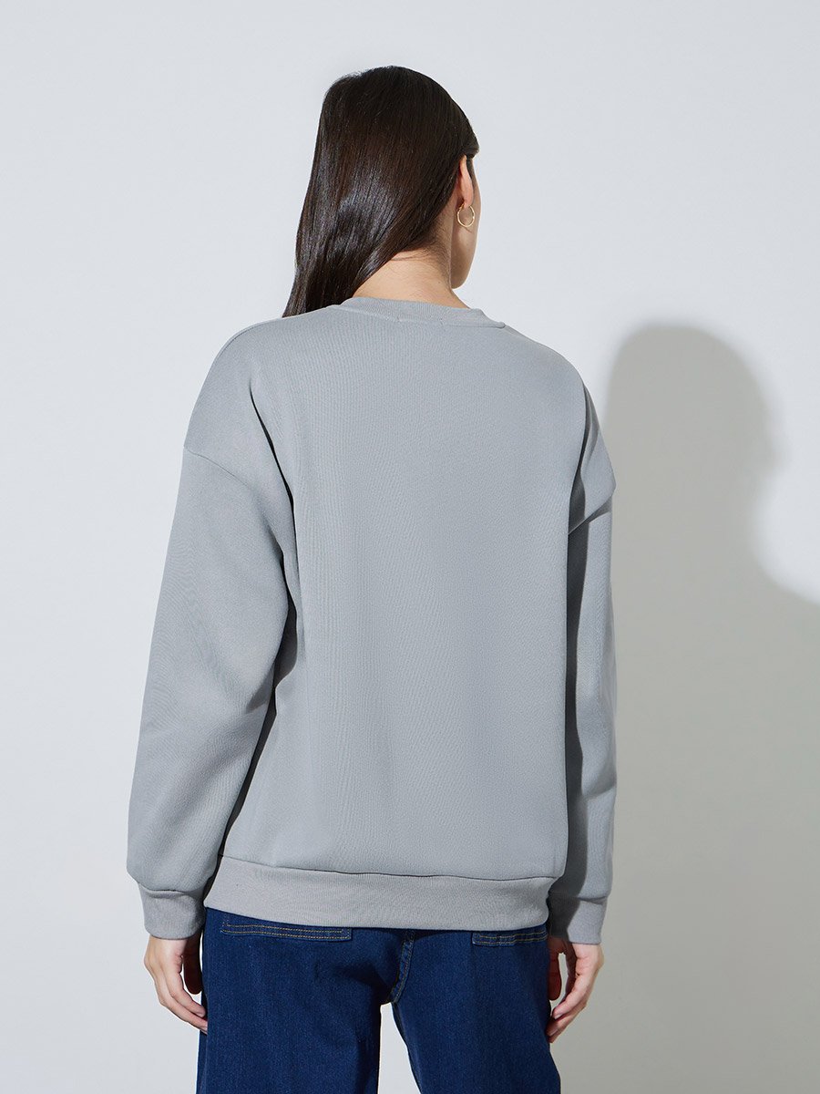 Grey Solid Long Sleeves Oversized Sweatshirt