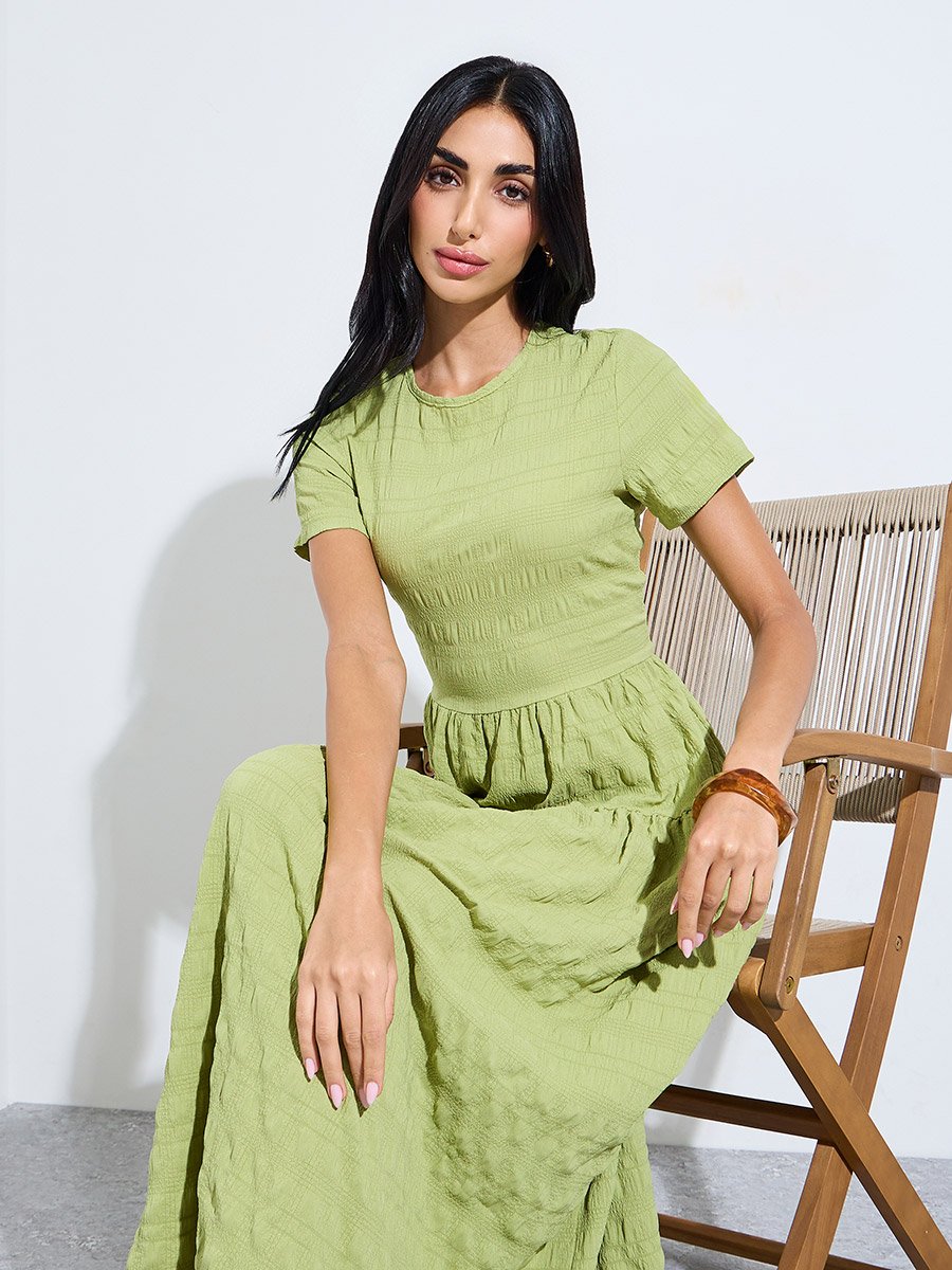 Green Textured Tiered Maxi Dress
