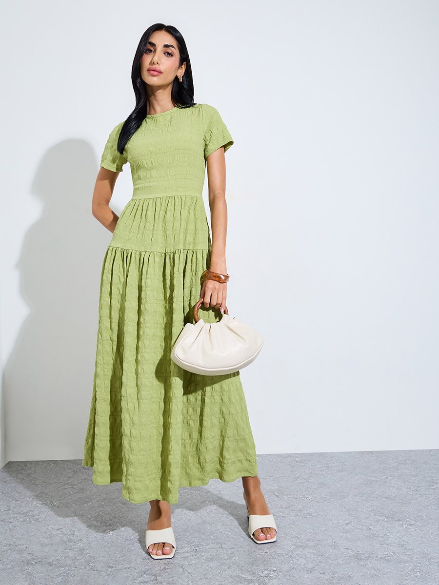 Green Textured Tiered Maxi Dress