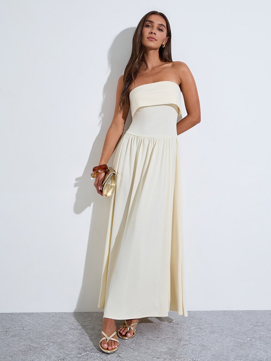 Yellow Solid Bandeau Neck Pleated Details A-Line Maxi Dress