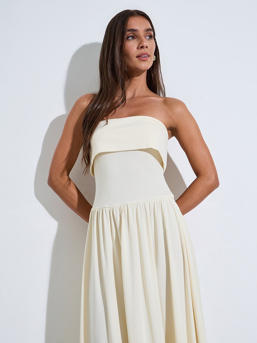 Yellow Solid Bandeau Neck Pleated Details A-Line Maxi Dress