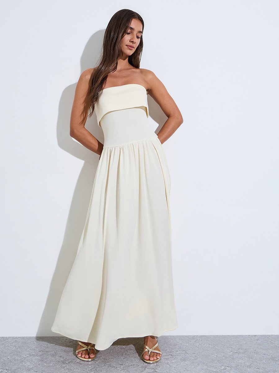 Yellow Solid Bandeau Neck Pleated Details A-Line Maxi Dress