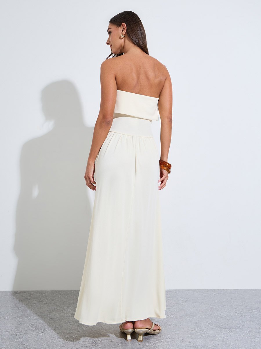 Yellow Solid Bandeau Neck Pleated Details A-Line Maxi Dress