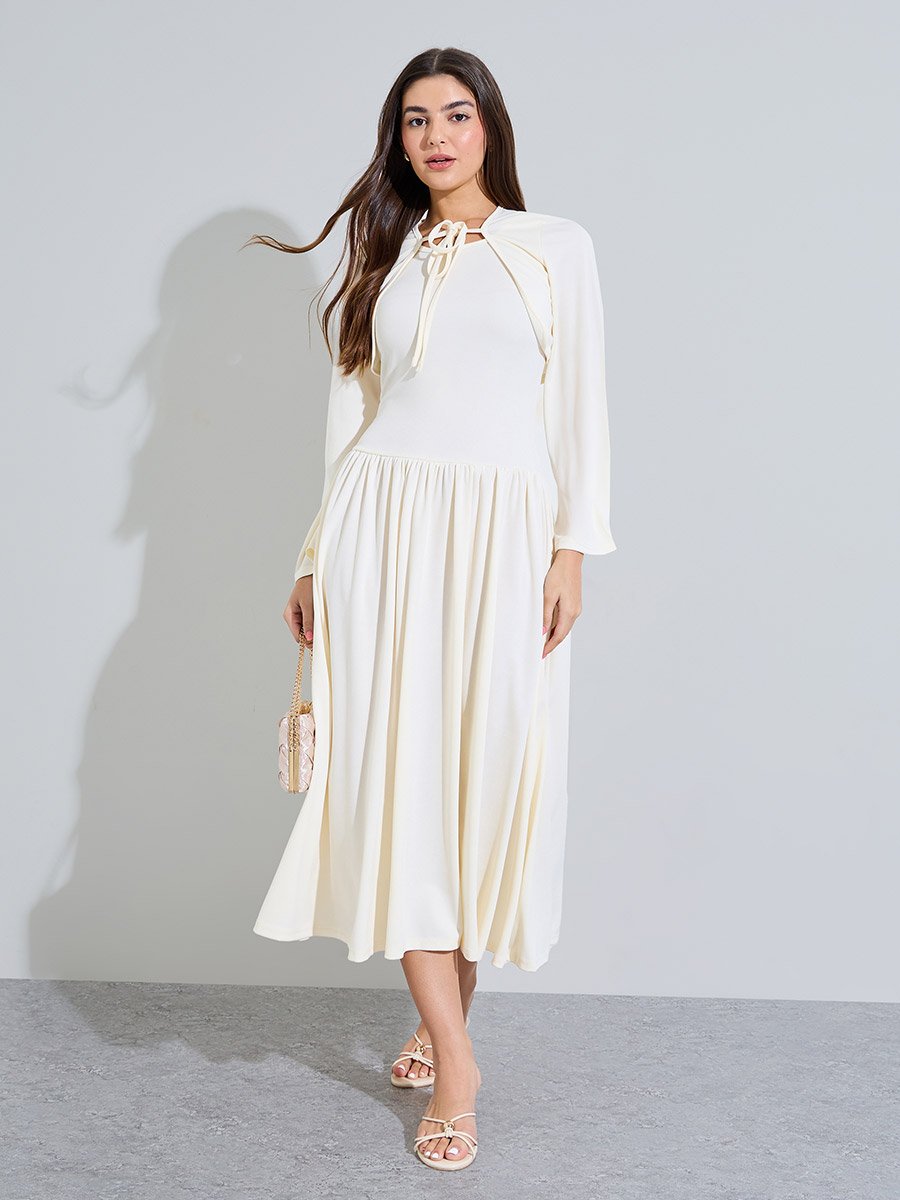 Beige Pleated Detail A-Line Midi Dress with Bolero Set