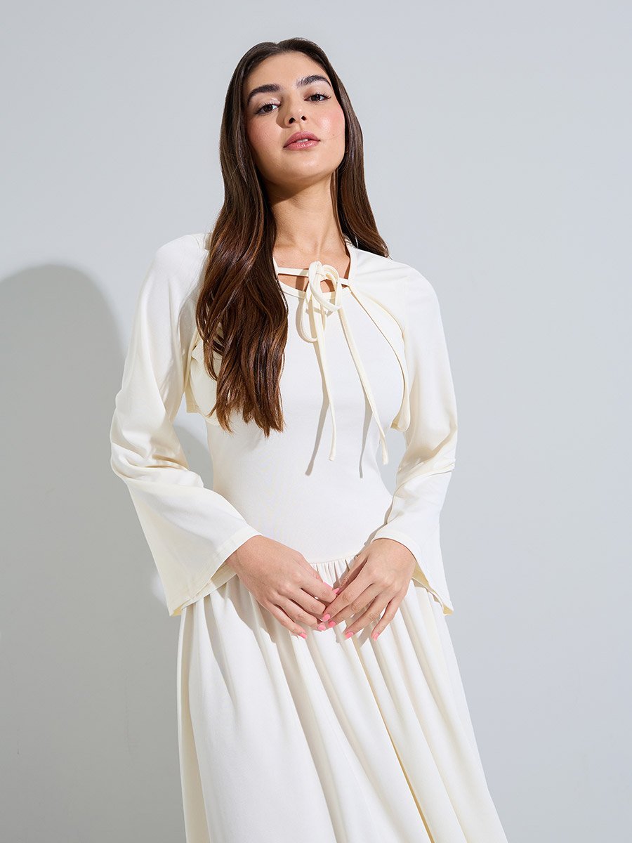 Beige Pleated Detail A-Line Midi Dress with Bolero Set