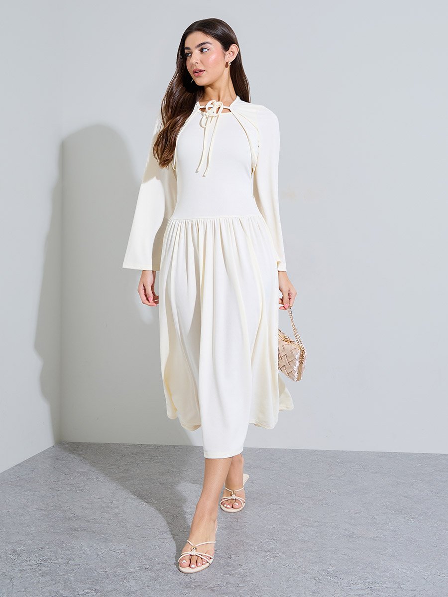 Beige Pleated Detail A-Line Midi Dress with Bolero Set