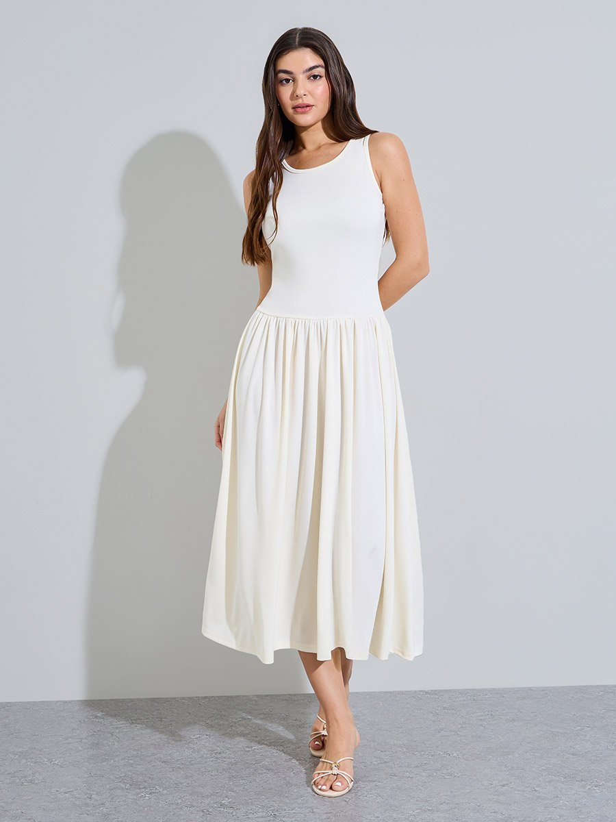 Beige Pleated Detail A-Line Midi Dress with Bolero Set