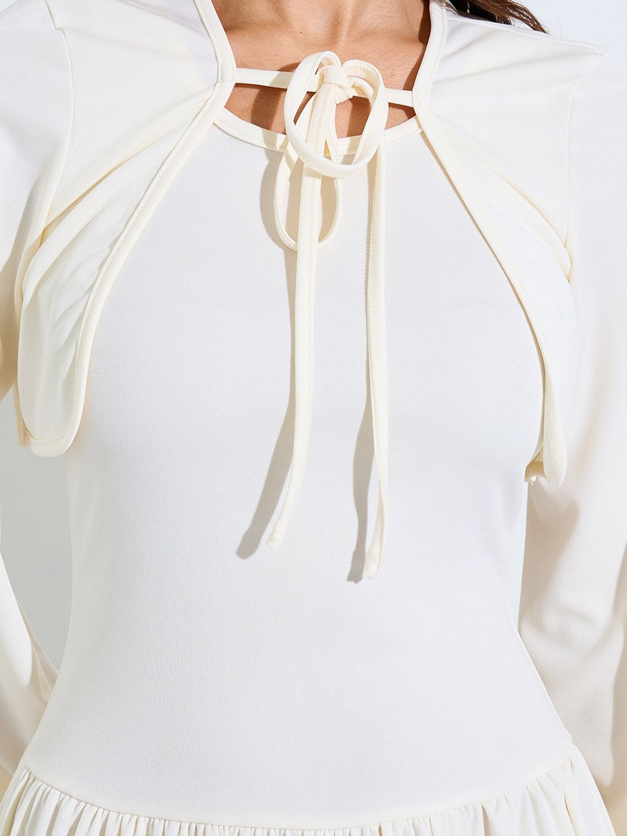 Beige Pleated Detail A-Line Midi Dress with Bolero Set