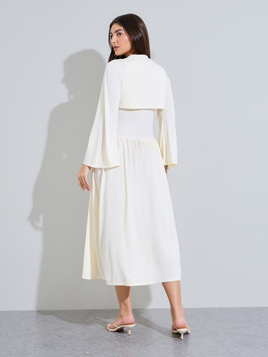 Beige Pleated Detail A-Line Midi Dress with Bolero Set