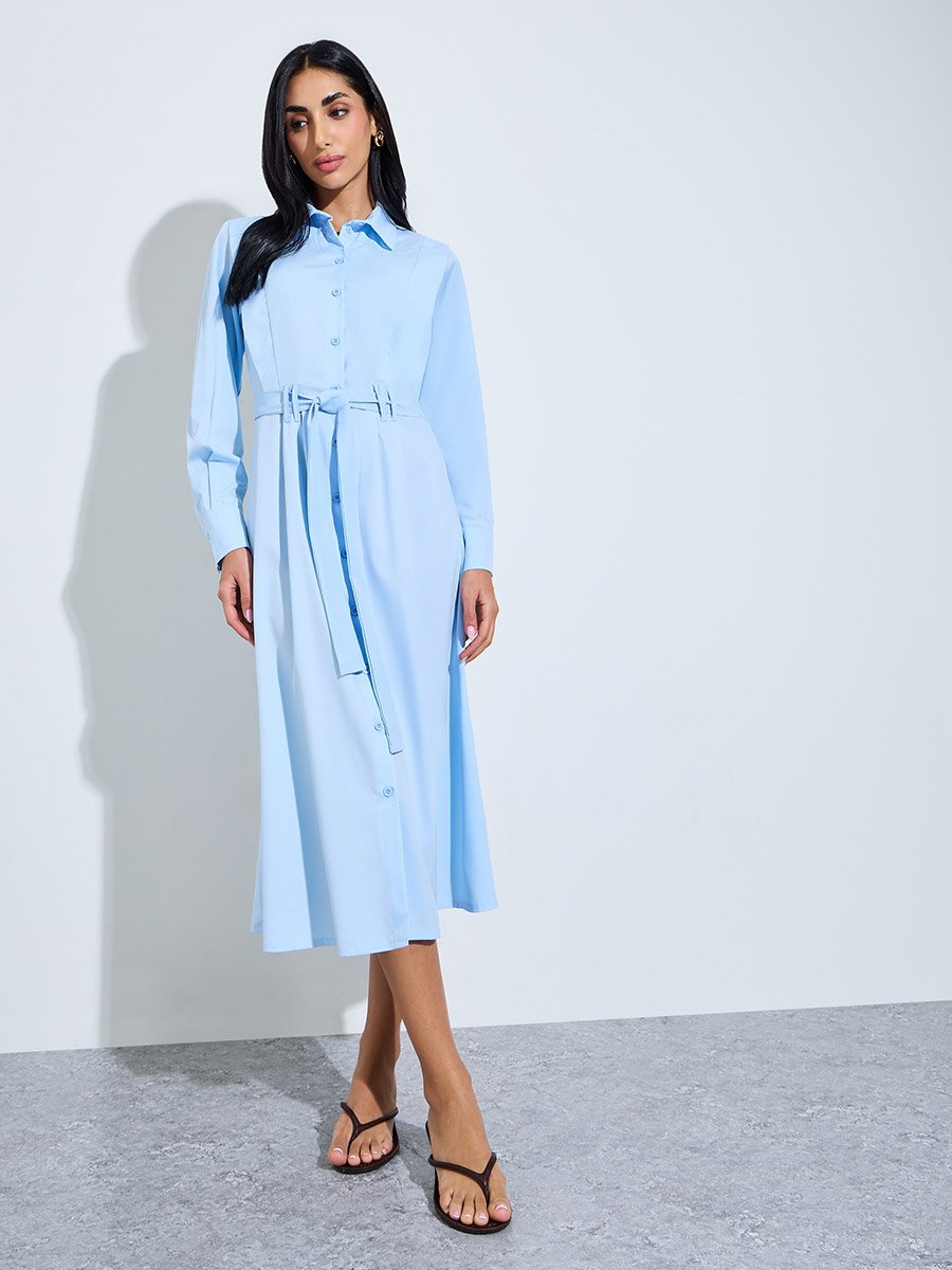 Blue Plain Long Sleeve Shirt Midi Dress