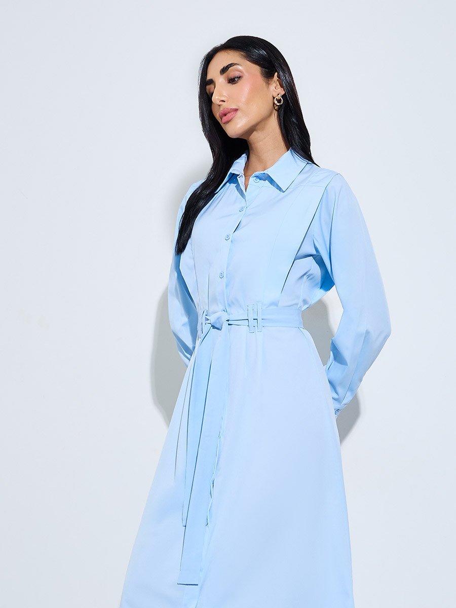 Blue Plain Long Sleeve Shirt Midi Dress