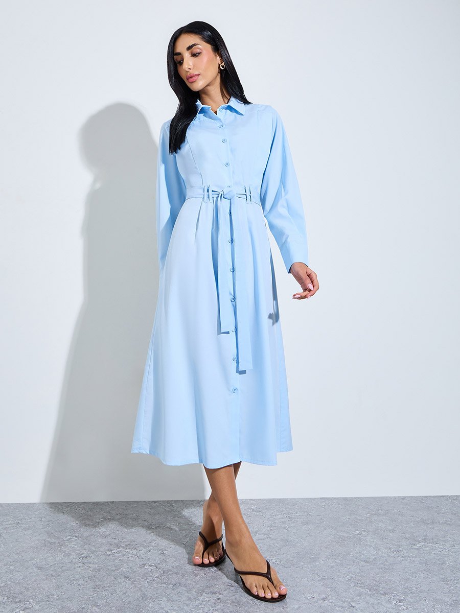 Blue Plain Long Sleeve Shirt Midi Dress