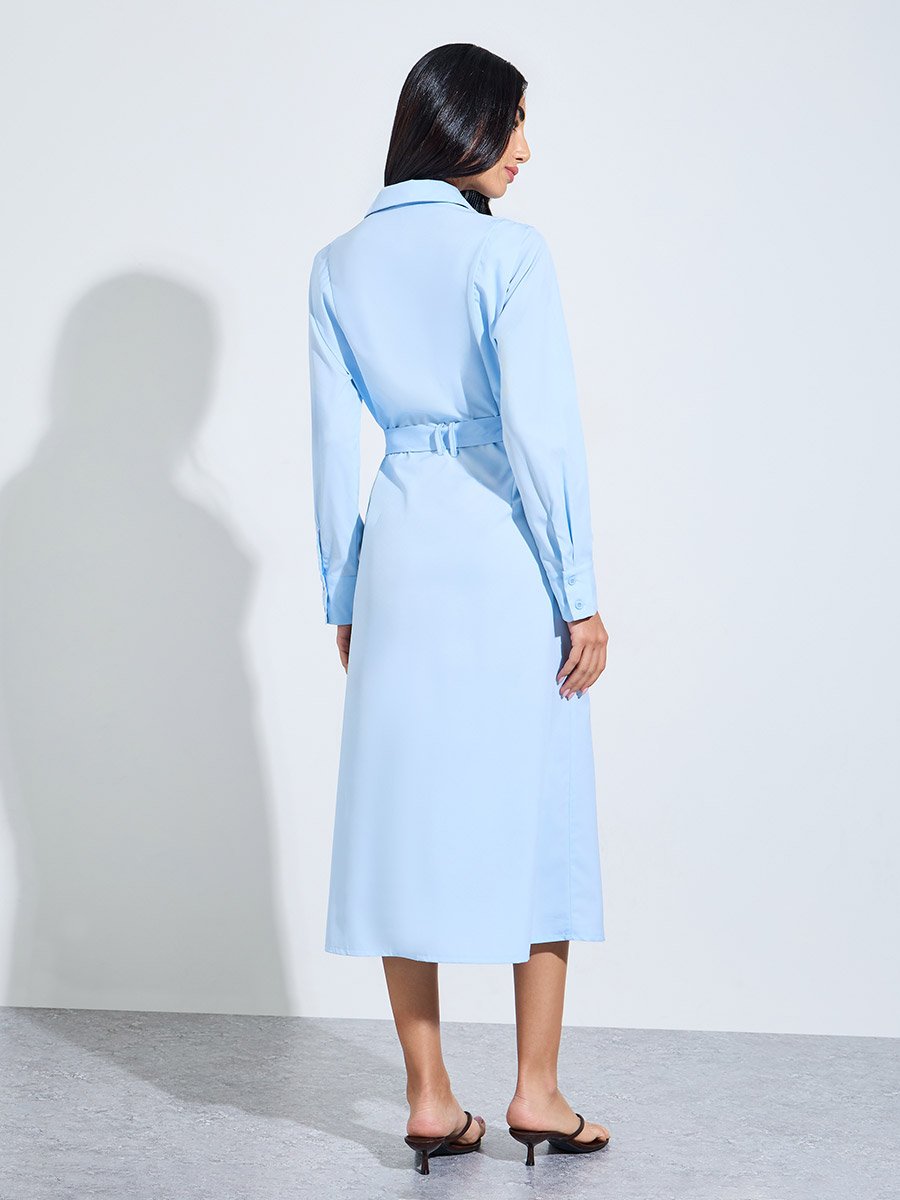 Blue Plain Long Sleeve Shirt Midi Dress