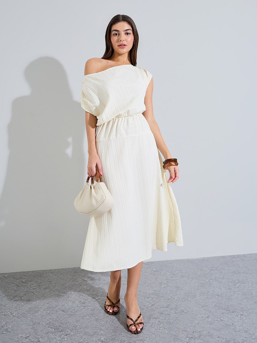 Beige Textured One Shoulder Neck A-Line Midi Dress