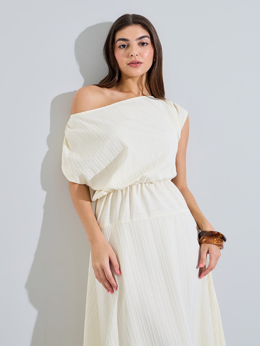 Beige Textured One Shoulder Neck A-Line Midi Dress