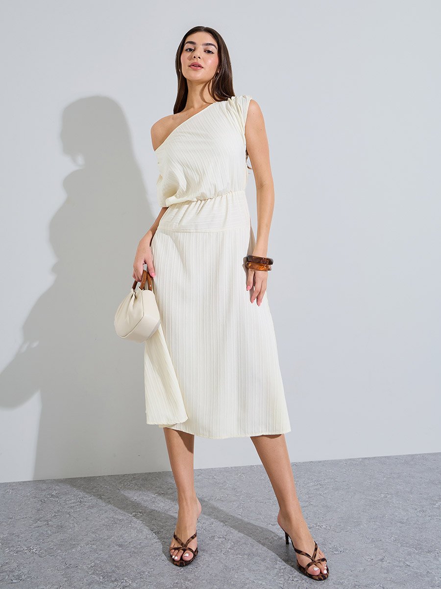 Beige Textured One Shoulder Neck A-Line Midi Dress