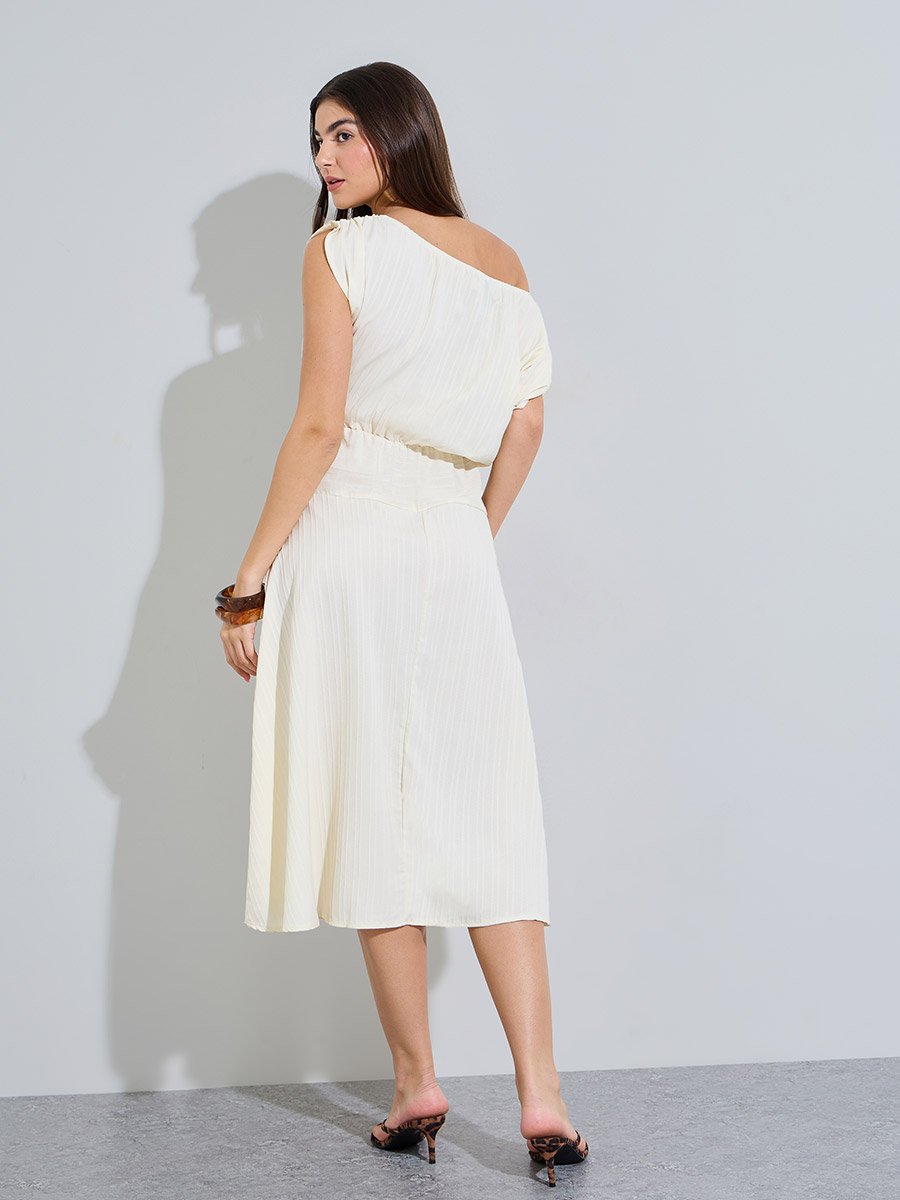 Beige Textured One Shoulder Neck A-Line Midi Dress