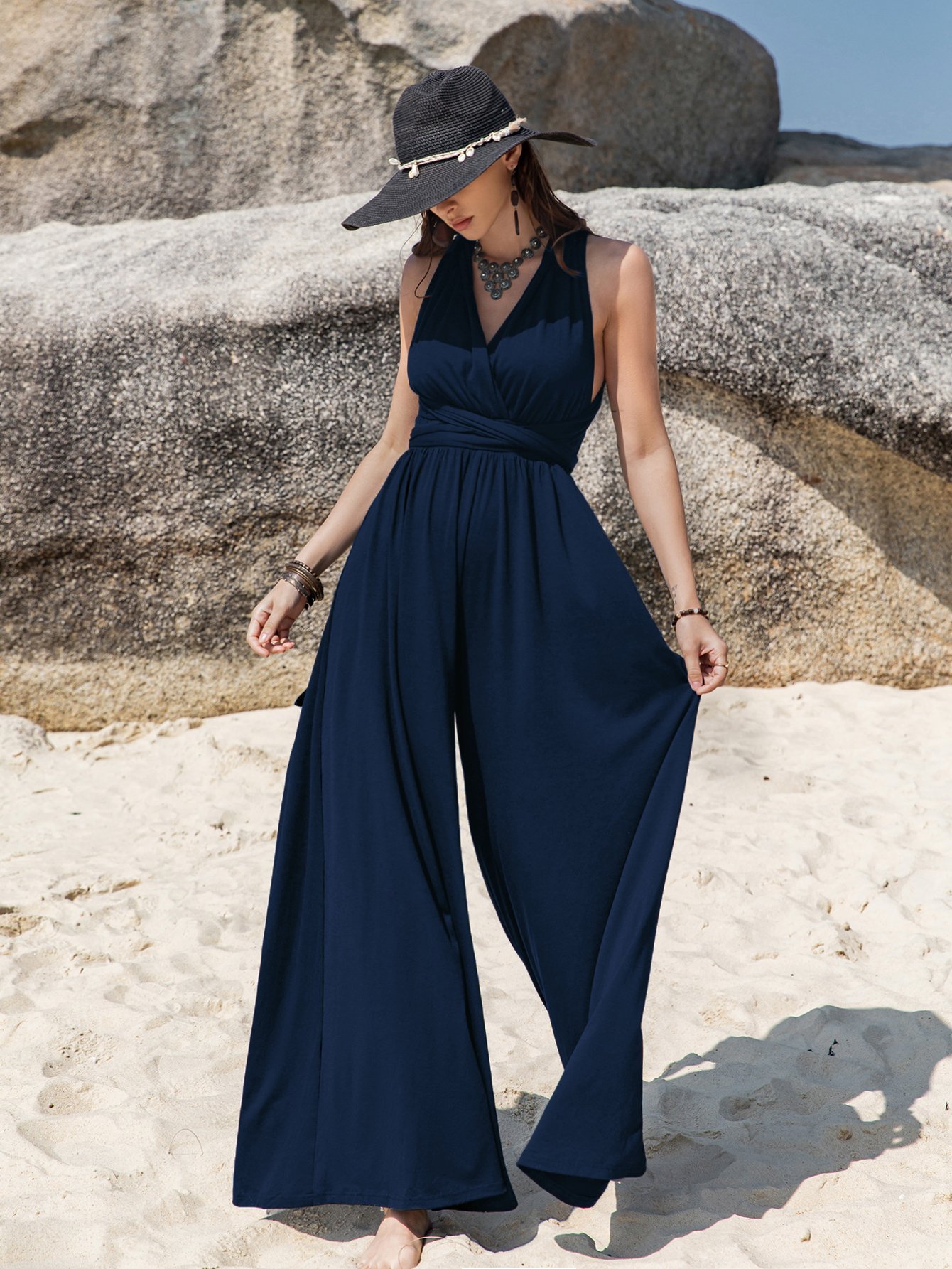 Plain Blue Halter Neck Romper Jumpsuit