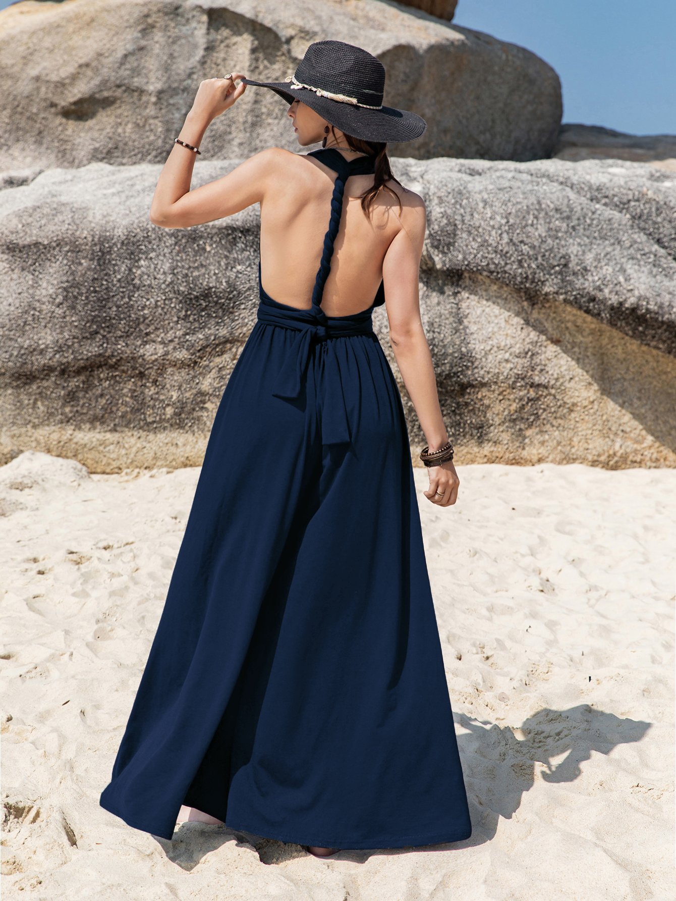 Plain Blue Halter Neck Romper Jumpsuit