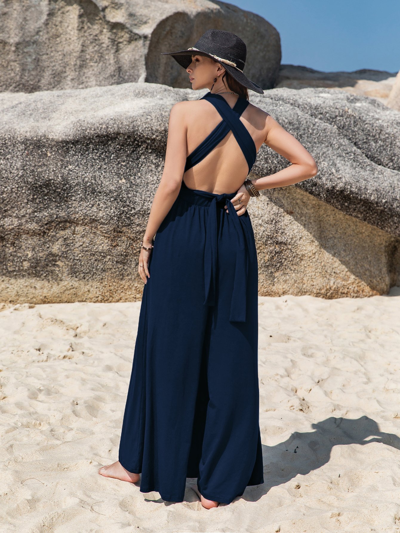 Plain Blue Halter Neck Romper Jumpsuit