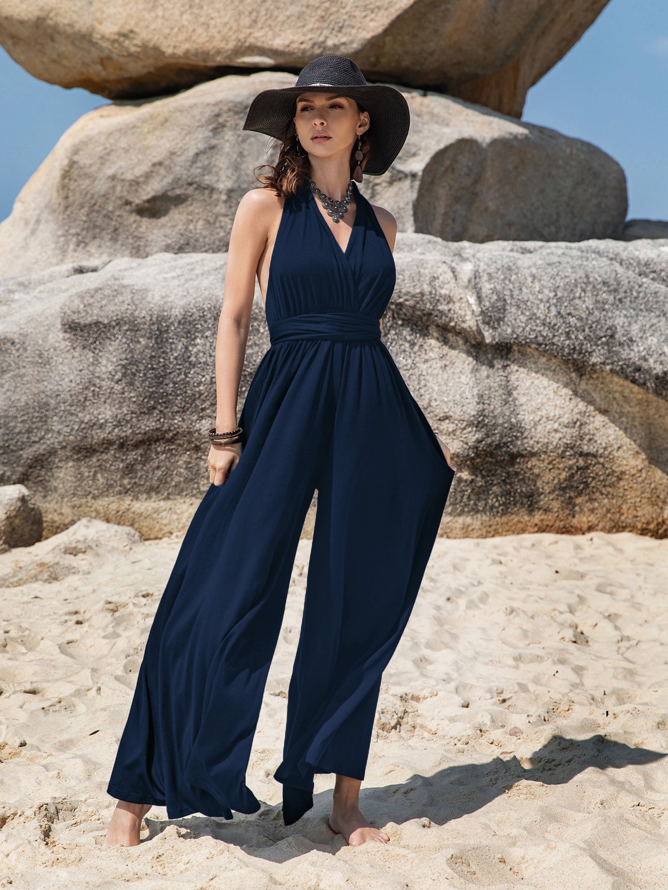 Plain Blue Halter Neck Romper Jumpsuit