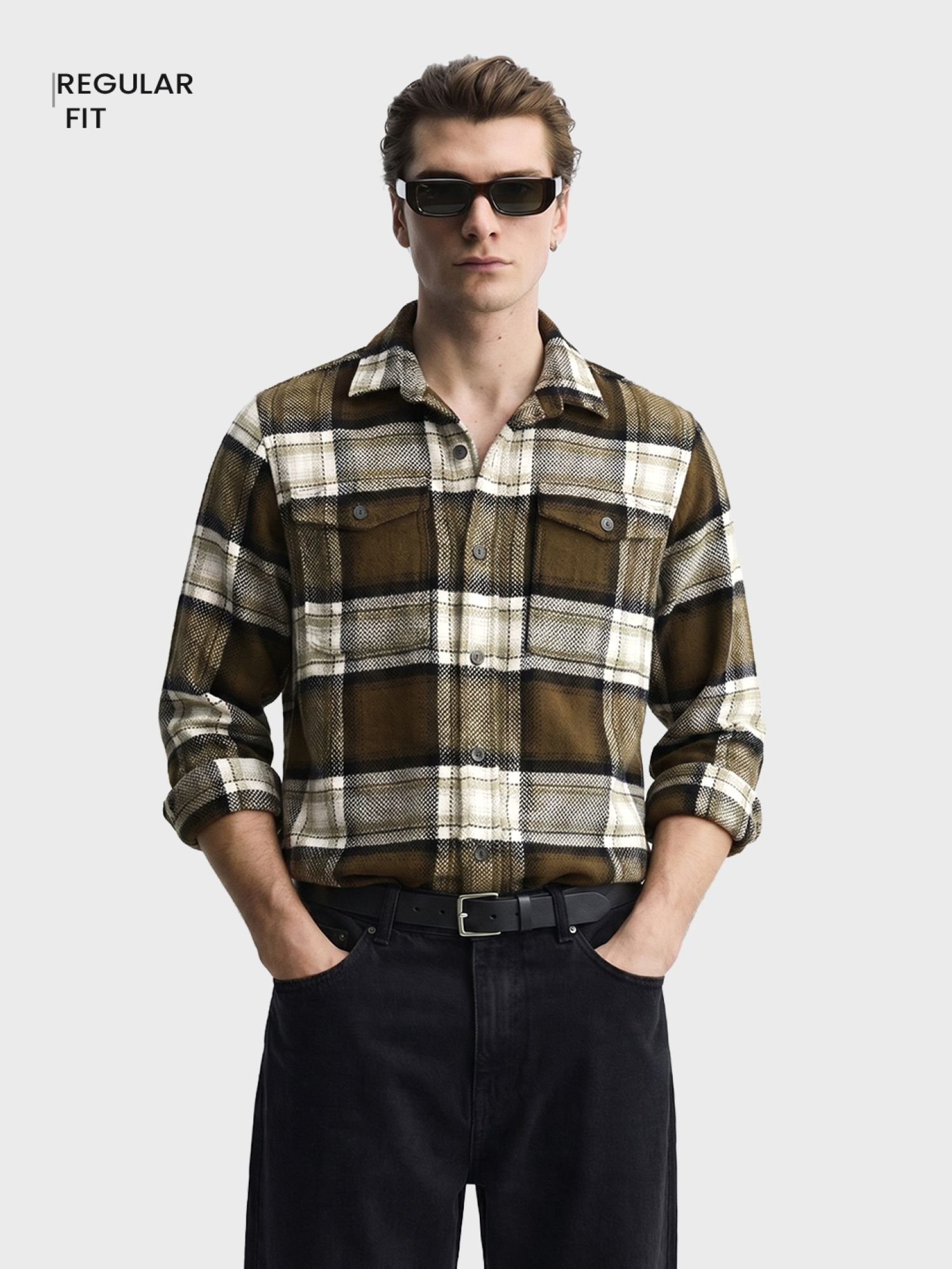 Men Regular Fit Checked Cutaway Collar Casual Overshirt