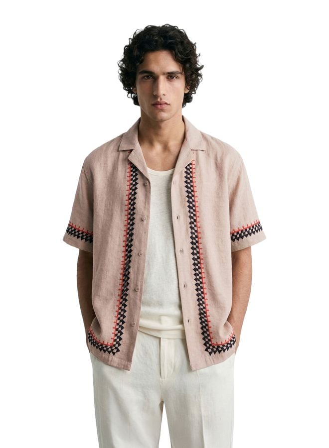 Men Relaxed Fit Embroidered Cuban Collar Resortwear Shirt